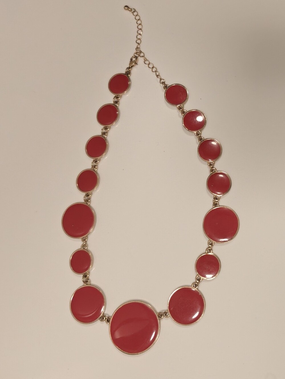 Red enamel & Gold Tone disc link necklace w/Adjustable Chain